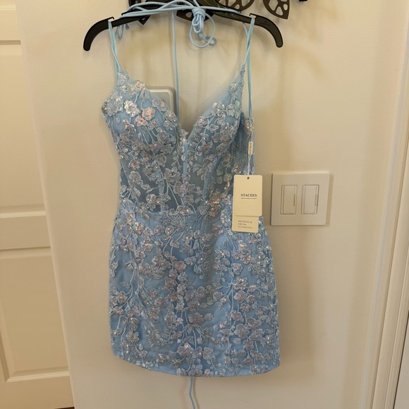 STACEES Sparkly Floral Sequined Lace-Up Dress with Glitter in Sky Blue 4 NWT - Picture 3 of 11